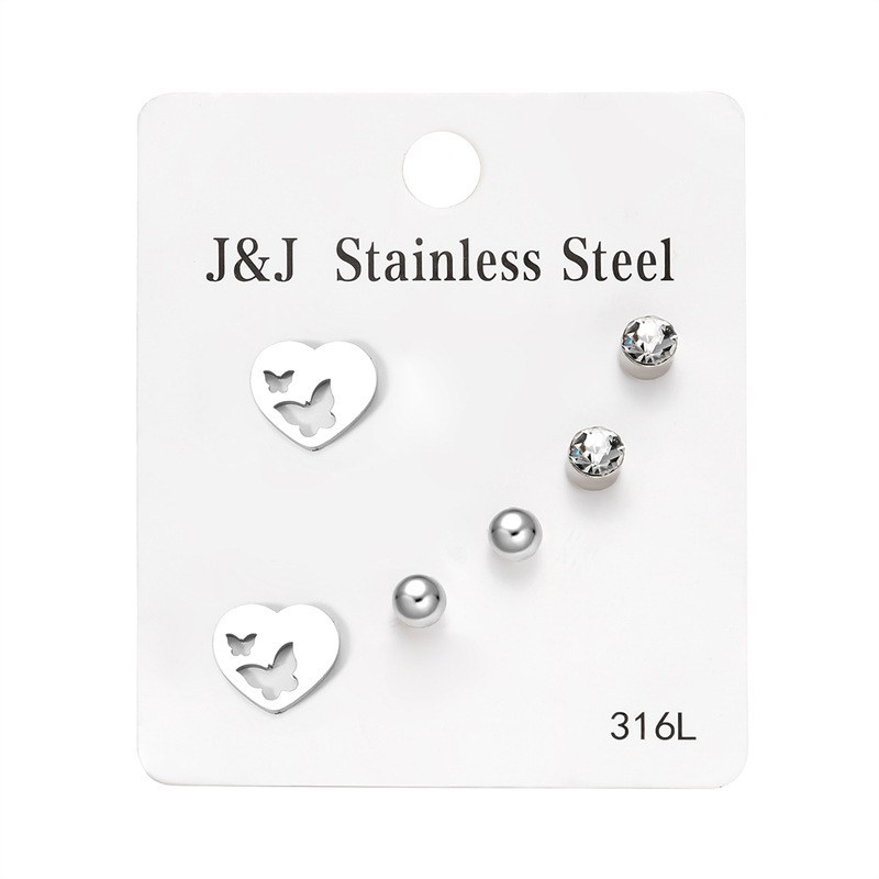 Hot Selling New 3 Pairs Of Heart-shaped Diamond Inlaid Combination Card Set Korean Version Fashionable Earrings_voghion.com