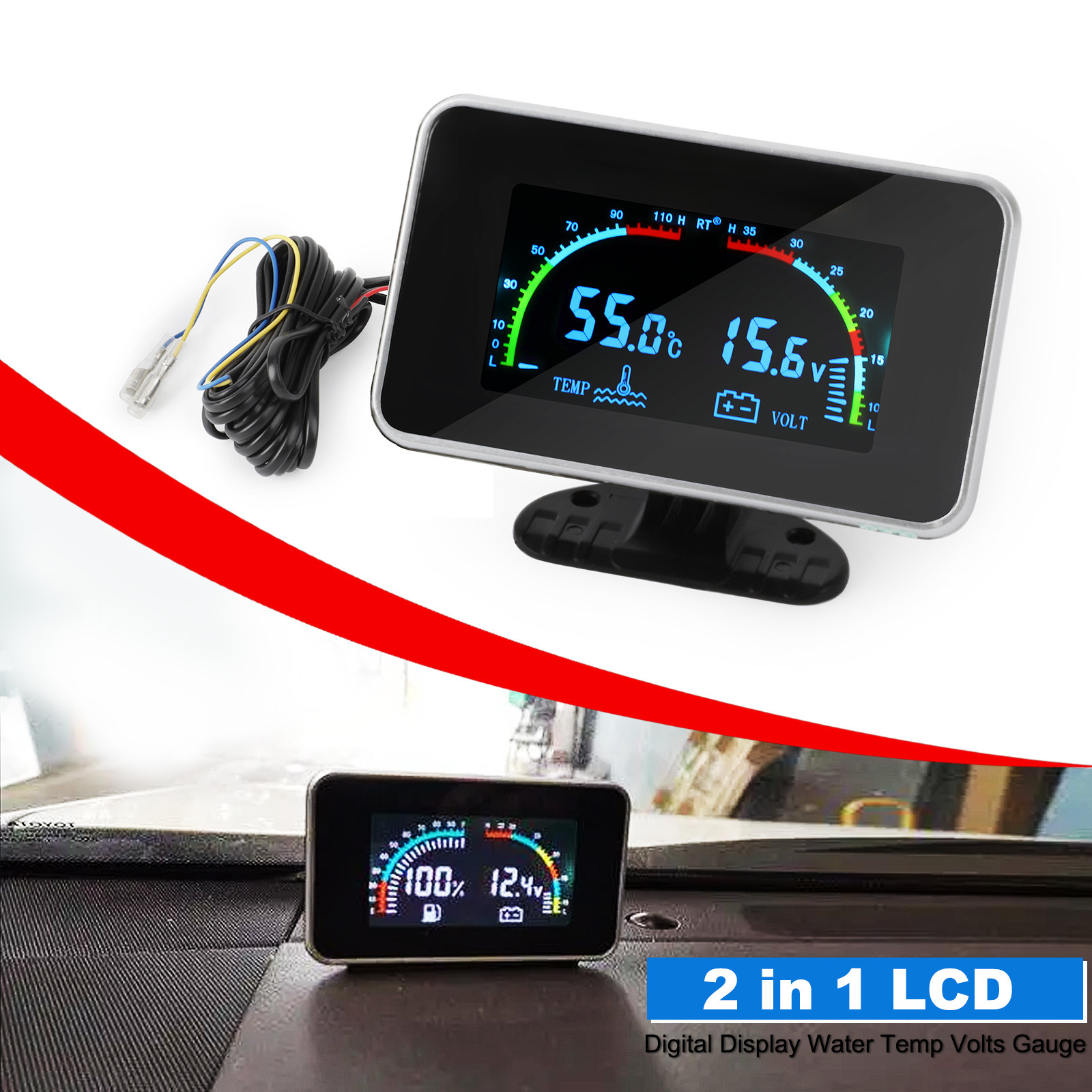 Lcd Display Car Water Temperature and Voltage Two-In-One Combination Meter 12V24V Universal Truck Modification Digital Display Lcd Water Temperature