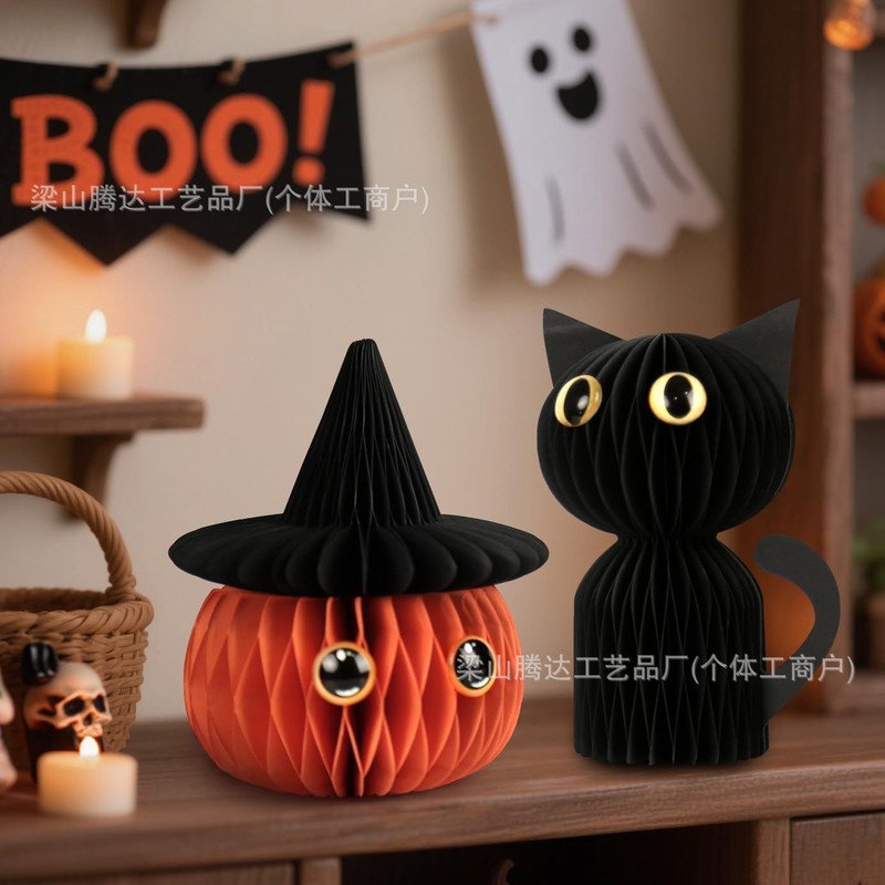 新しいハロウィン装飾カボチャハニカムペンダントハロウィン装飾カボチャ立体ハニカム黒猫ハニカム|undefined
