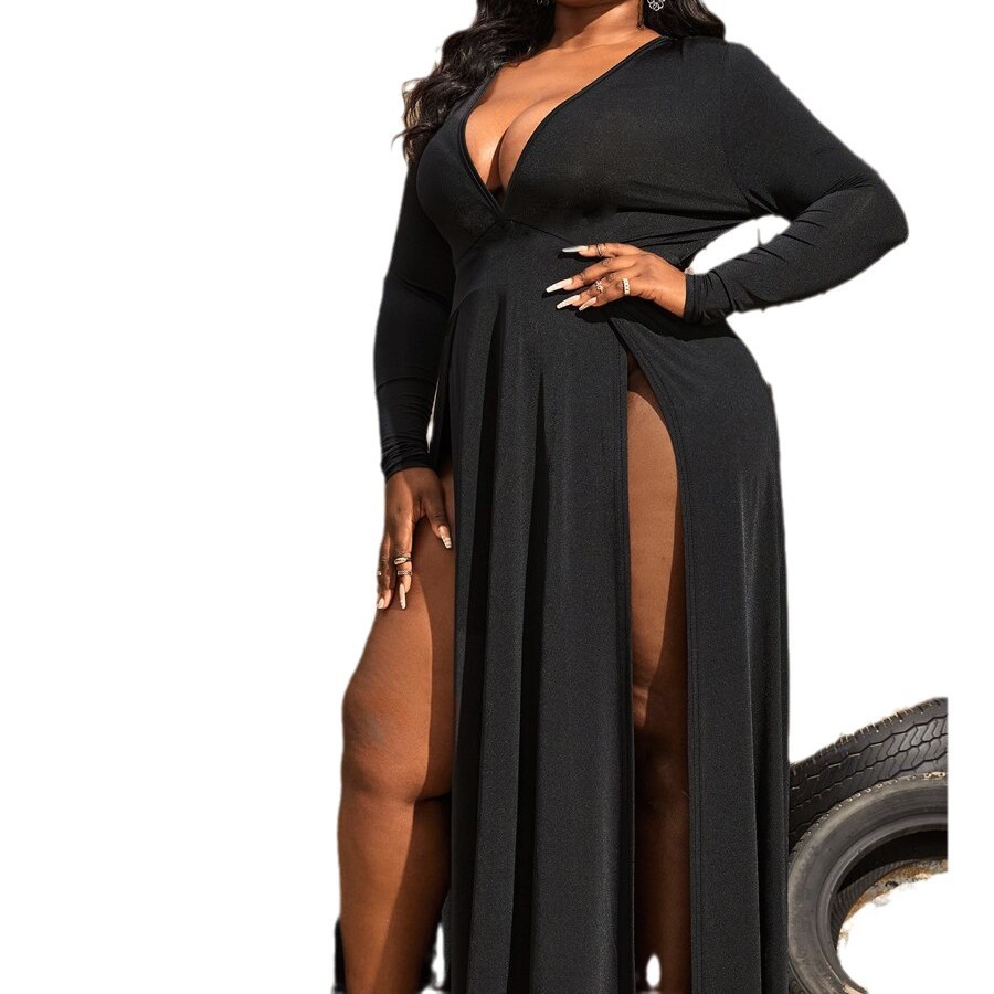 Frauen Kleidung unabhängige station plattform heißer verkauf taille sexy schlitz v-ausschnitt große größe kleid_voghion.com