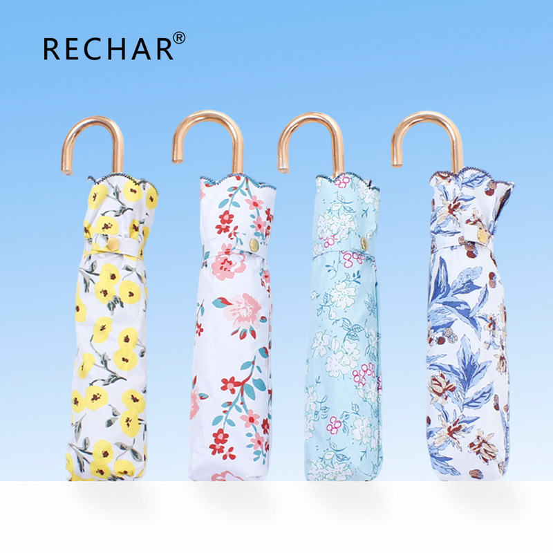 Spot Lily-of-the-valley Xiangxue Three-fold Vinyl Digital Curved Handle Sunny Umbrella Folding Ultra-light Floral Embroidery Umbrella