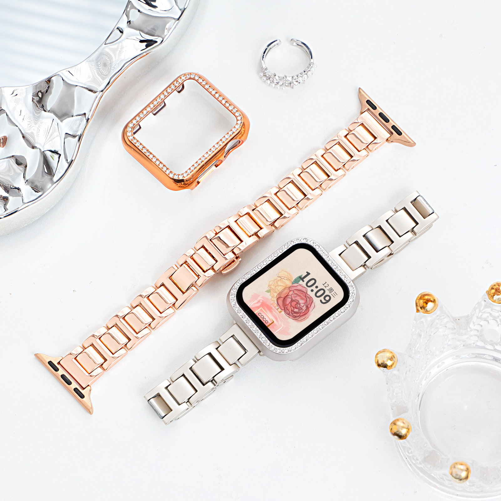 適用applewatch不鏽鋼金屬表鏈新款藍氣球蘋果手錶錶帶女款腕錶帶
