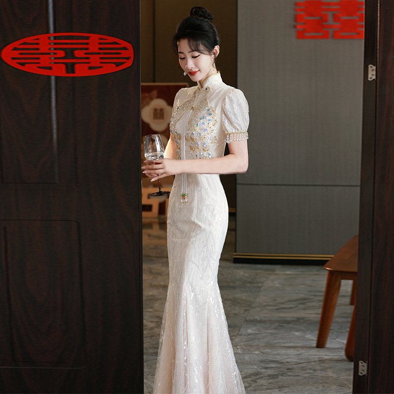 Mermaid-Style Toast Dress 2026 Spring and Autumn New Bridal Champagne Color Engagement Dress Light Luxury Wedding Banquet Qipao
