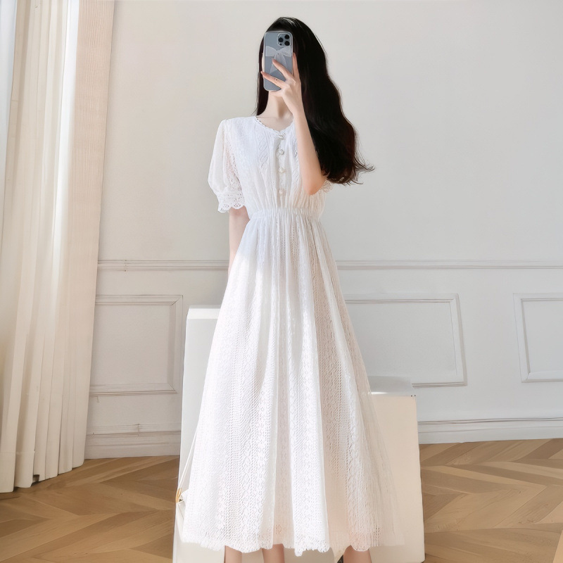 White Lace dress Women's Summer Fairy Super Fairy Mori Style White Dress Long French Waist Elegant Long Dress for Summer