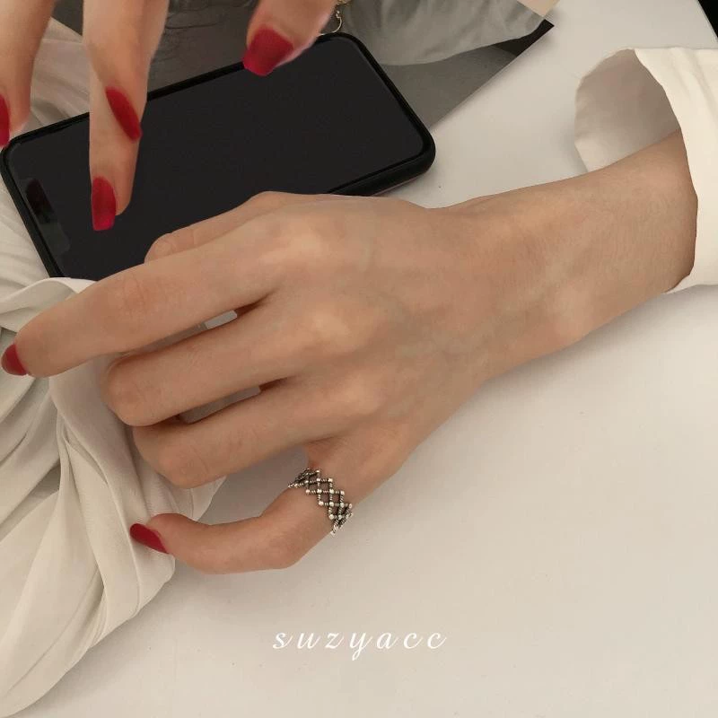 Ring Tide retro diamond-pattern, simple elegant index-finger accessory, silver tone