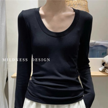 正肩咖色修身收腰长袖内搭打底衫女春秋小个子U领螺纹紧包邮