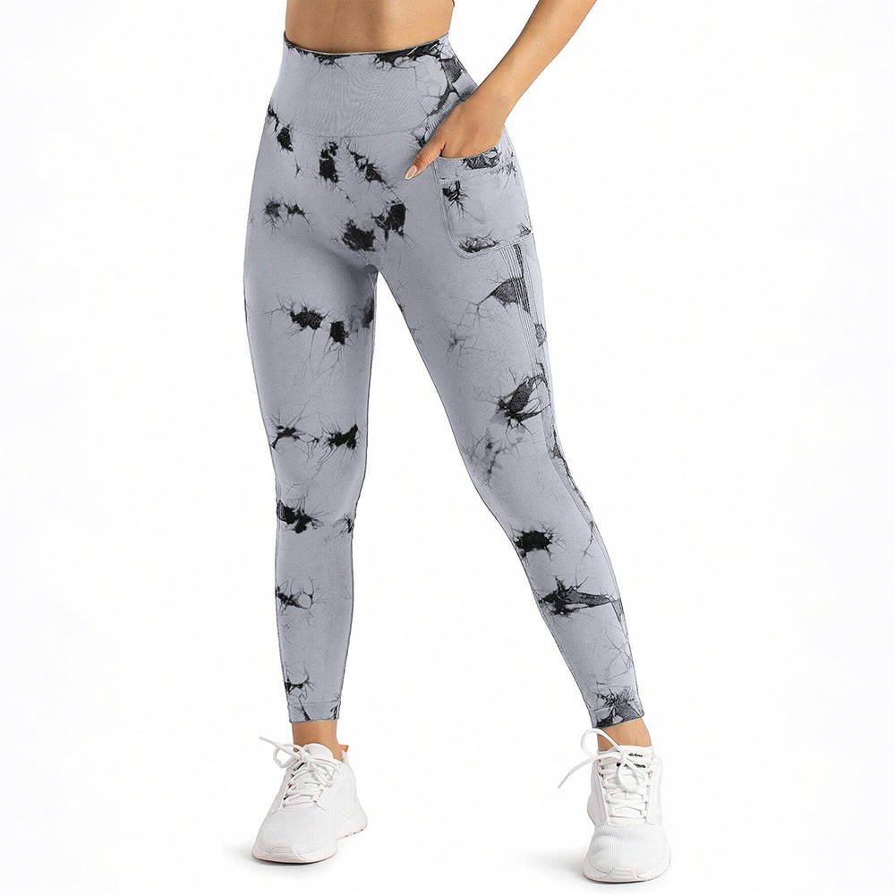 Nuevo estilo transfronterizo sin costuras tiñido de alta elasticidad, bolsillo apretado de peldaño, entrenamiento deportivo, pantalones de yoga para correr