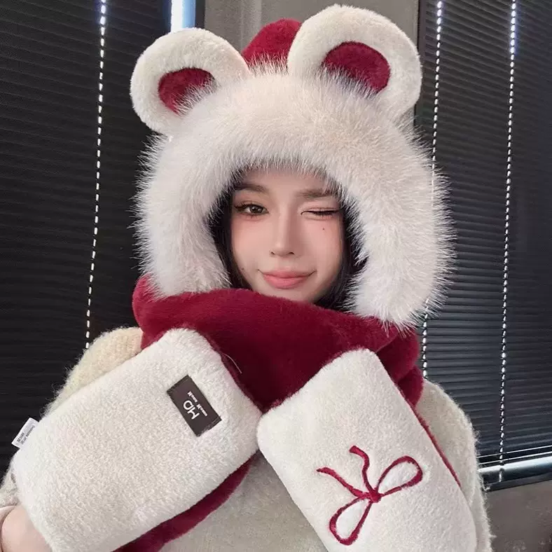 新款2024甜美少女蝴蝶结保暖三件套冬季骑车防风围巾手套一体帽子