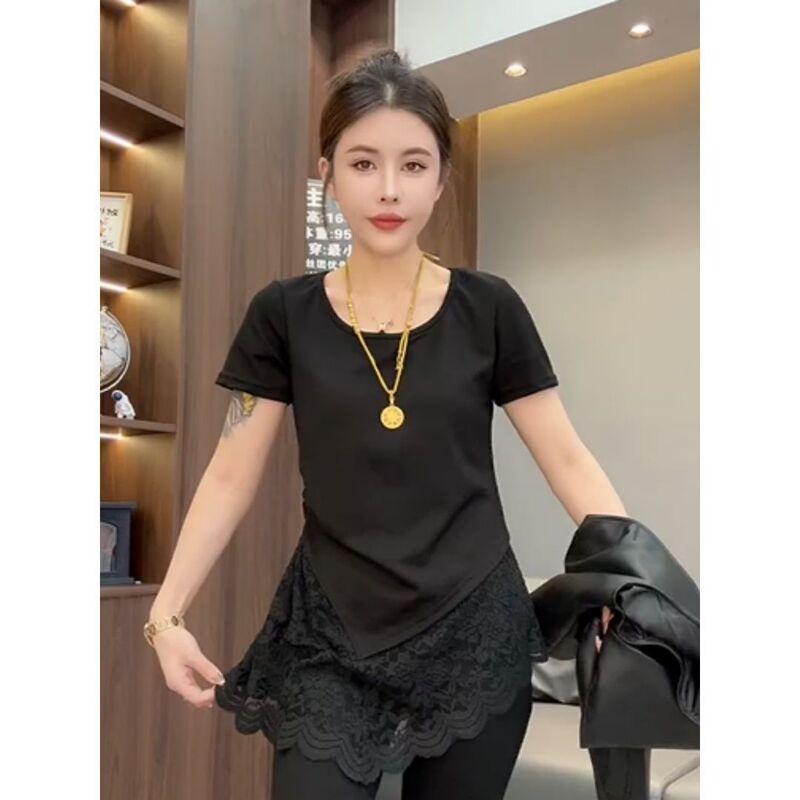 Plus-Size European-Style Lace Patchwork Short-Sleeve T-Shirt for Women, Summer 2026 New Style, Loose Fit, Slimming, Fashionable Mid-Length Top Plus-Size European-Style Lace Patchwork Short-Sleeve T-Shirt for Women, Summer 2026 New Style, Loose Fit, Slimming, Fashionable Mid-Length Top