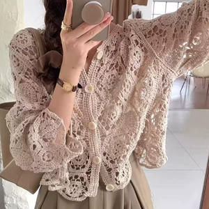 Женский ажурный вязаный кардиган с длинным рукавом свободный