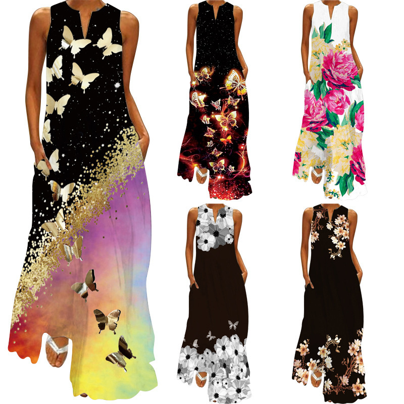 2026 New Summer Women's Sleeveless V-Neck Retro Printed Dress Long Skirt European and American Cross-Border Foreign Trade Women's Clothing