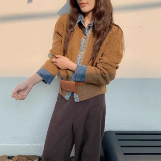 日韩拼接牛仔设计感针织开衫2025秋冬新款宽松休闲毛衣外套女装