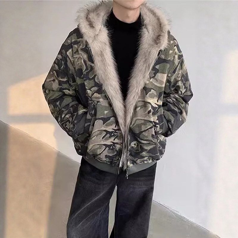 Vintage Chinese-Style Washed Camouflage Hooded Jacket with Fur Collar, Thickened Coat for Men, Niche Design, Stylish and Loose Cotton Jacket