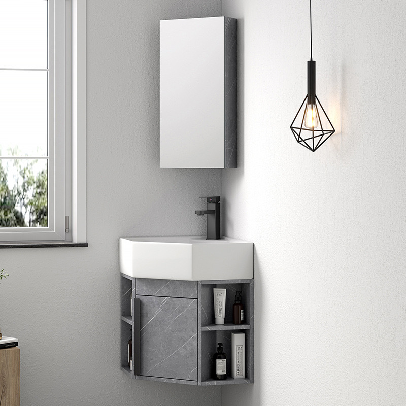 gabinete de lavabo triangular combinado tipo pequeño gabinete de baño de PVC esquina lavabo de pared esquina lavabo