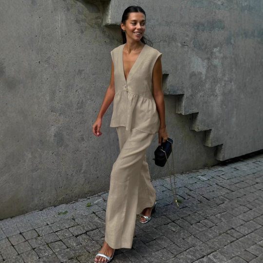 2025 Cotton V-neck Sleeveless Top Vest Pants suit Women's European and American New Solid Color Elegant Commuter Two-piece Set