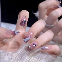 Shiny Pave Rhinestone Wearable Nails, Purple Laser Effect with Gradient & Blending, Ballet-Style Fake Nails – 24-Piece Finished Set