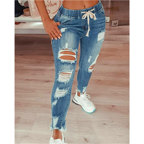  wish European and American women's jeans slim and slim ripped women's jeans trousers