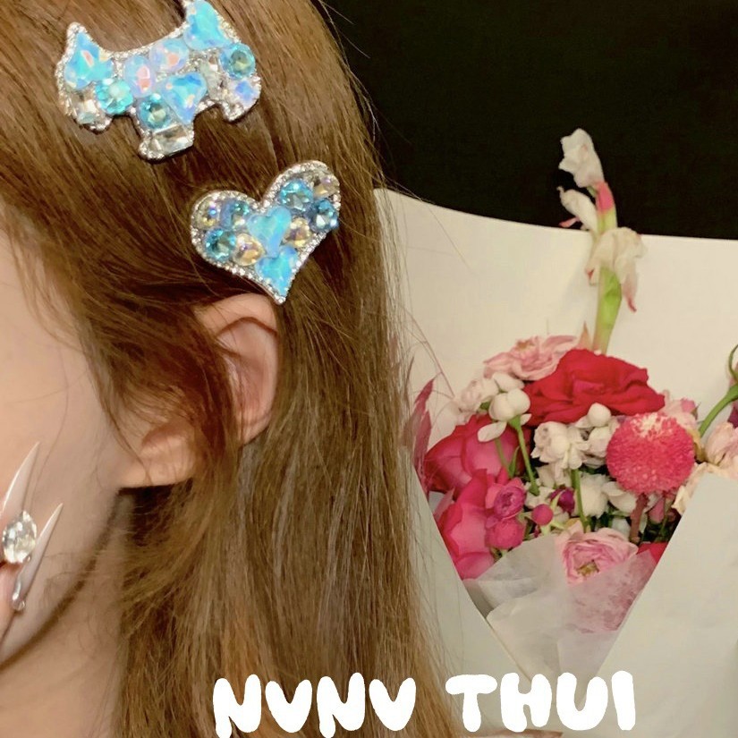 The Story of Rose: Ocean Blue Heart Colorful Sparkling Diamond Hairpin, Fairy Sister, Little Flower Full Diamond Bangs Clip Hair Accessory