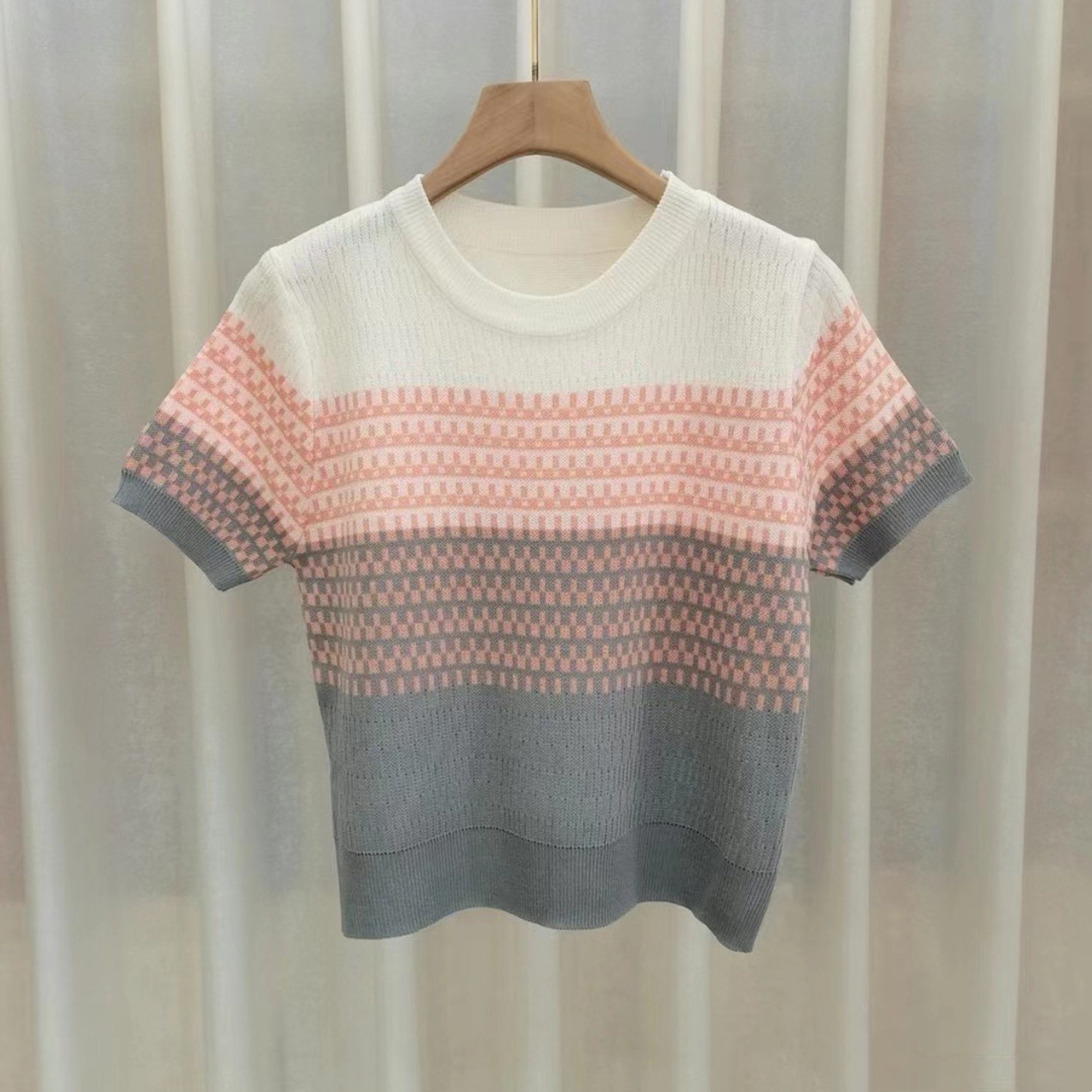 Summer 2023 New Gradual Color Short Sleeve Knitwear Loose T-shirt Pullover Round Neck Base Shirt Half Sleeve Top for Women