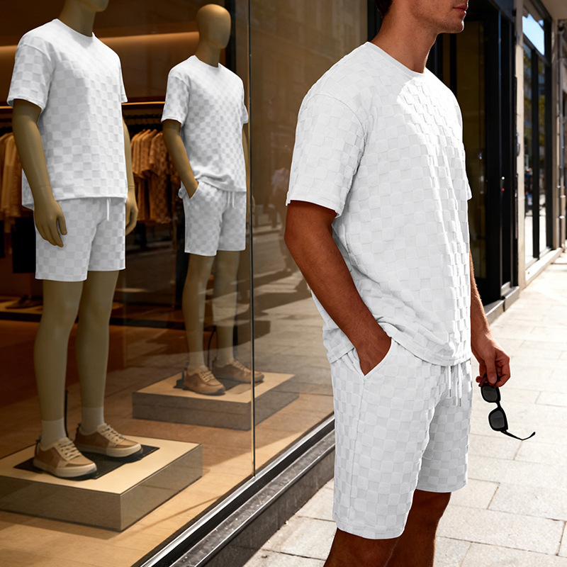 Muscle Doctor Men's Summer Jacquard Checkered Short Sleeve T-Shirt & Shorts Set, Loose Fit High Street Casual Outfit_viptrois.com
