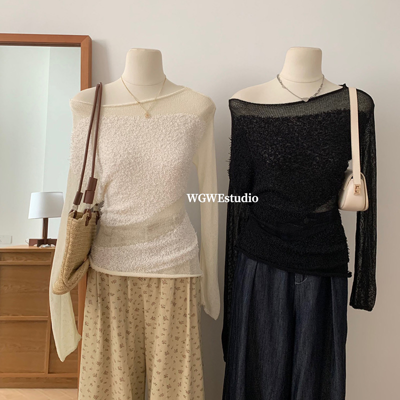 Sena Korean Style Clear Early Autumn Simple Hollow Three-dimensional Stitching Knitted Top Elegant Style Lightweight Women's Autumn Shirt