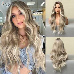 ウィッグ ビッグウェーブ ミッドパート スモークグレー グラデーション ゴールデン ヨーロッパとアメリカの Douyin 女性用ファイバーヘア フルロングカーリーヘア Meikeduo