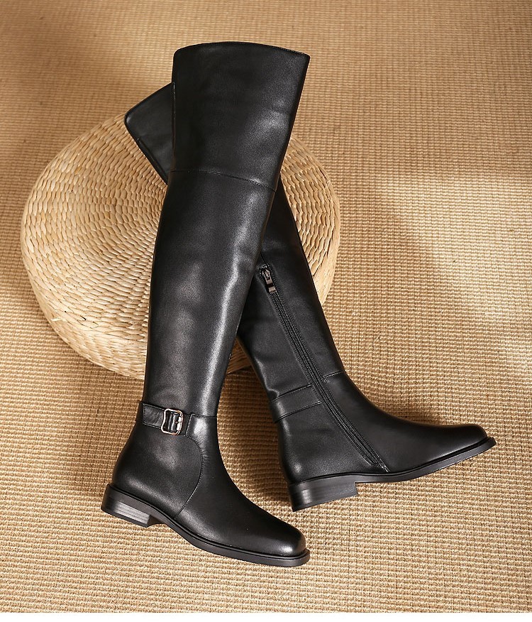 22 New Slim Leg Over Knee Long for Women Low Heel Flat Bottom Black High Barrel Autumn/Winter Single with Velvet Knight_voghion.com