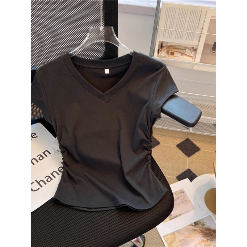 夏トップス半袖デザインおしゃれTシャツショートスリム万能レディーススリムVネック白シャツA4257|undefined