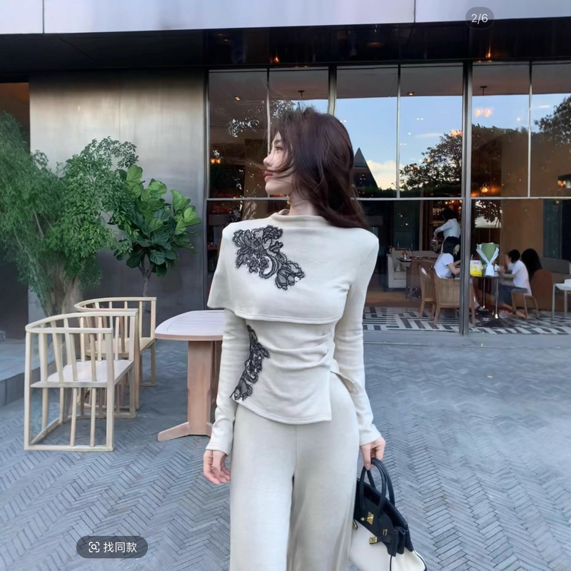 木子李的李 墨杏疏影 高级感杏色刺绣套装女秋季显瘦阔腿裤两件套|undefined
