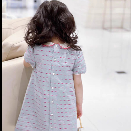 Girls' Italian polka dot curved print collar light blue short sleeve dress summer college style short skirt children's clothing