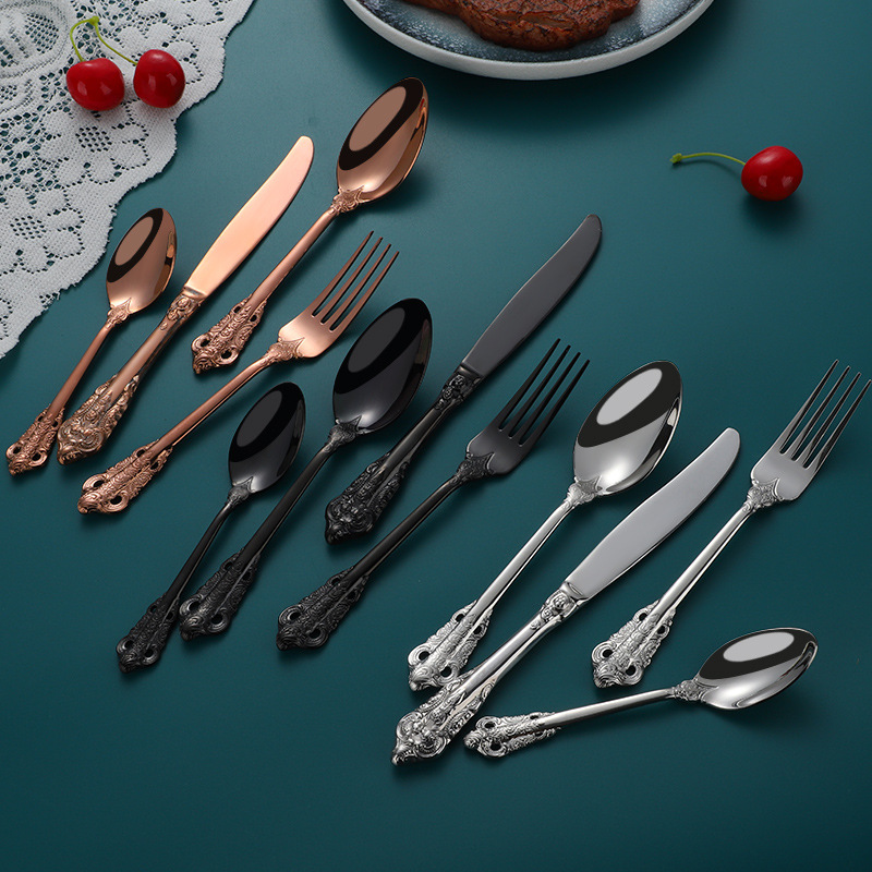 Cuchillo, tenedor y cuchara de corte transfronterizo Traje de vajilla occidental Cuchillo y tenedor de filete de acero inoxidable 304 Juego de 4 piezas de tenedor y cuchara de postre de restaurante occidental