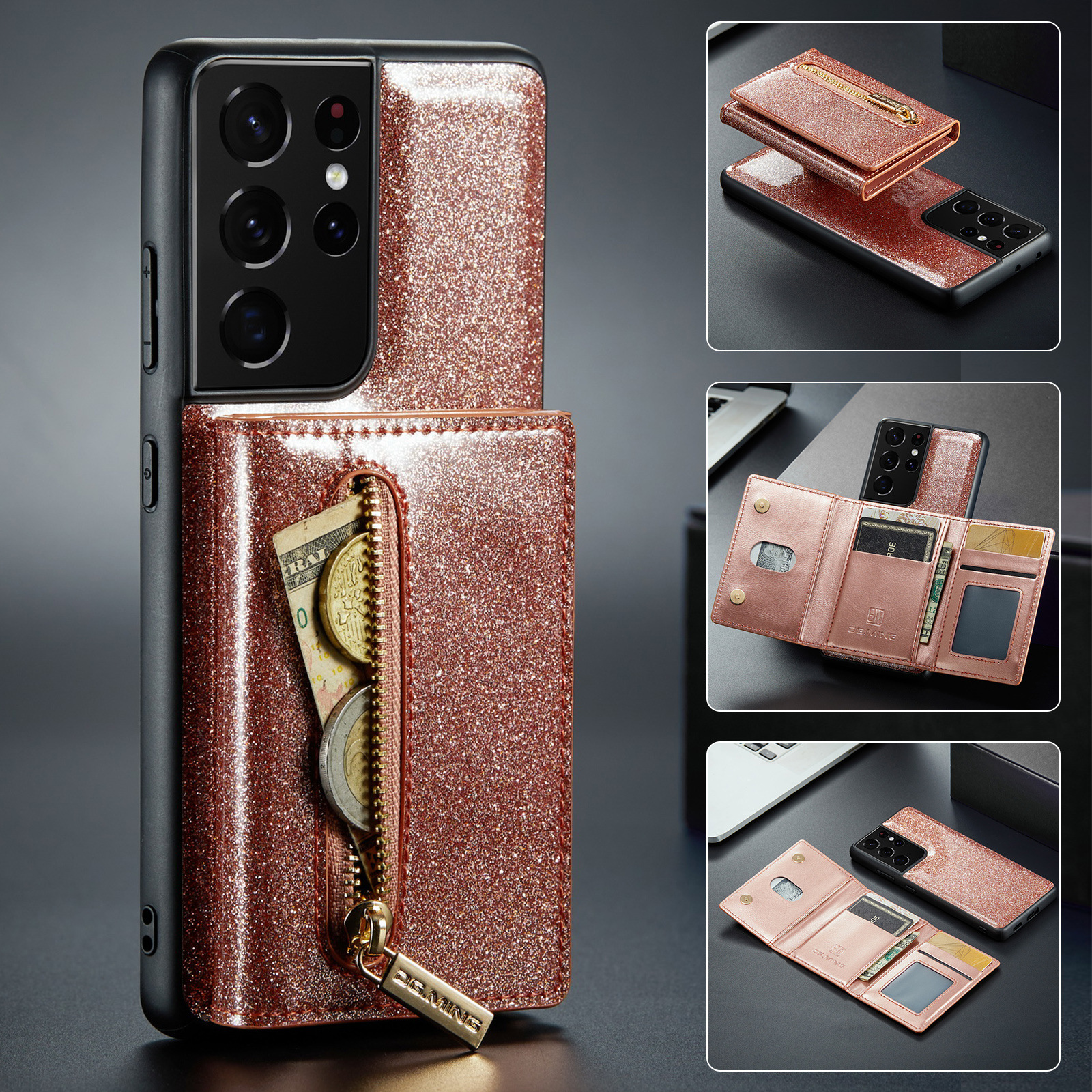 M3 per Samsung S21 Ultra 2 in 1 custodia in pelle glitterata con ventosa magnetica custodia per telefono diviso custodia protettiva portafoglio S21_voghion.com