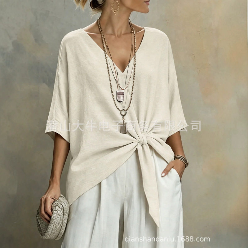 European and American fashion cross-border trendy women's T-shirt, loose fit, bat sleeves, V-neck, front-tie, solid color, elegant top