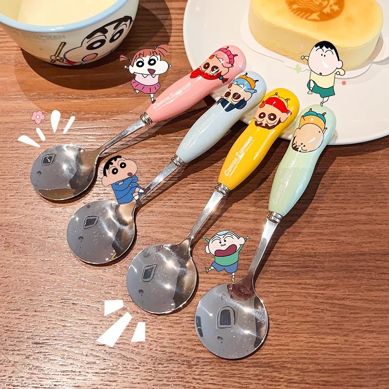本物のクレヨンしんちゃん子供用セラミック 304 スプーン箸家庭用ライススプーンステンレス鋼学生ポータブルカトラリーボックス|undefined