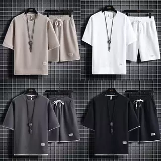 华夫格T恤男士短袖短裤冰丝夏季搭配一套装帅气休闲运动衣服两件