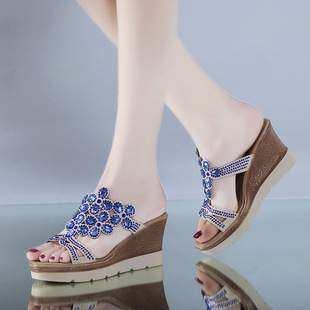 Cross-border Daifa Large Size 43 Spring and Summer New Rhinestone High-heeled Wedge Slippers Women's Platform Thick Bottom Slides Sandals