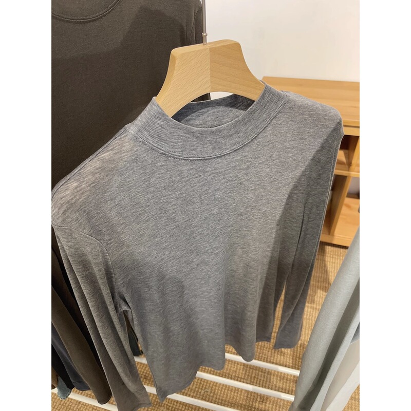テンセルウールマスクTシャツレディース初秋薄手長袖右肩トップス白インナーハーフタートルネックボトリングシャツ|undefined