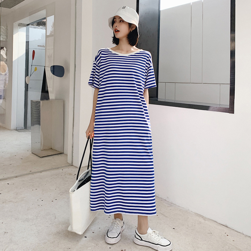 Long Lazy Style T-Shirt Dress Women's plus size Summer New Loose chubby girl Casual Over-the-knee Striped Dress
