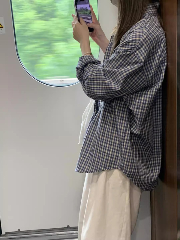 韩版蓝色格子长袖衬衫女秋季2025新款慵懒风衬衣外套宽松显瘦上衣|undefined