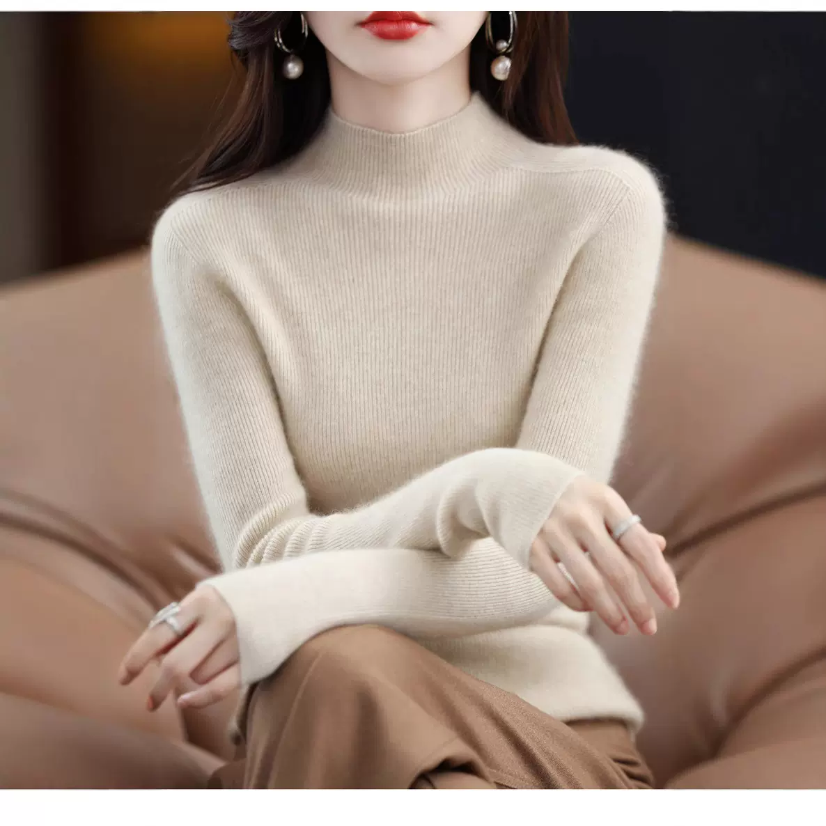 纯羊毛衫女士半高领打底衫女纯色内搭修身毛衣秋冬新款抽条针织衫