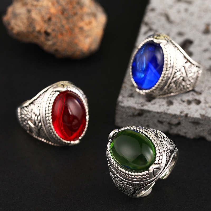 European and American retro oval blue treasure ring fashion simple temperament open ring personality inlay plating men's ring