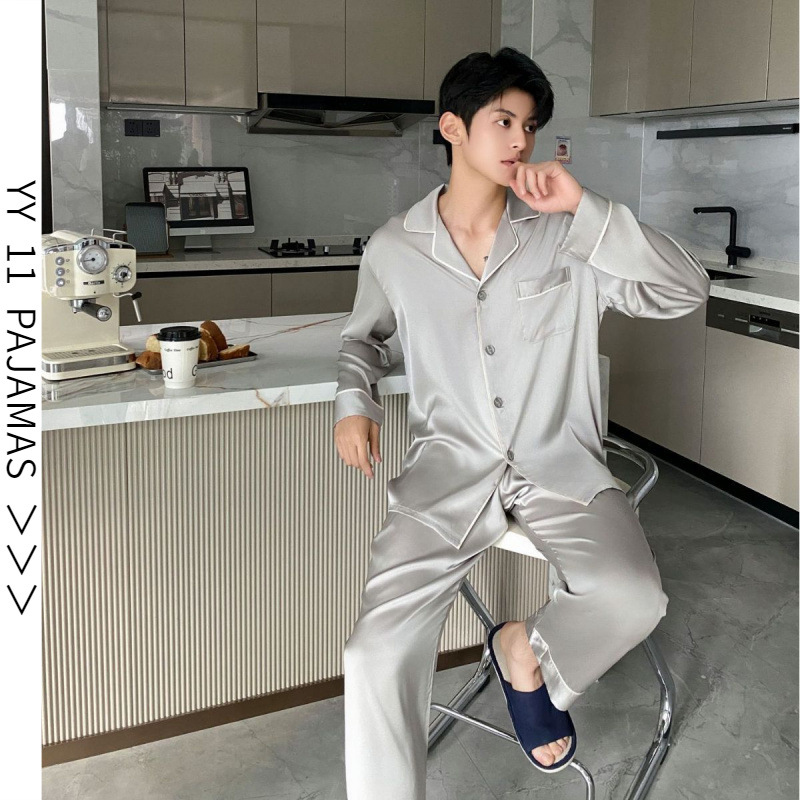 Acetic Acid Pajamas Men's Thin Spring and Autumn Silk Long-sleeved Trousers Solid Color suit High-end plus size Home Clothes for Summer