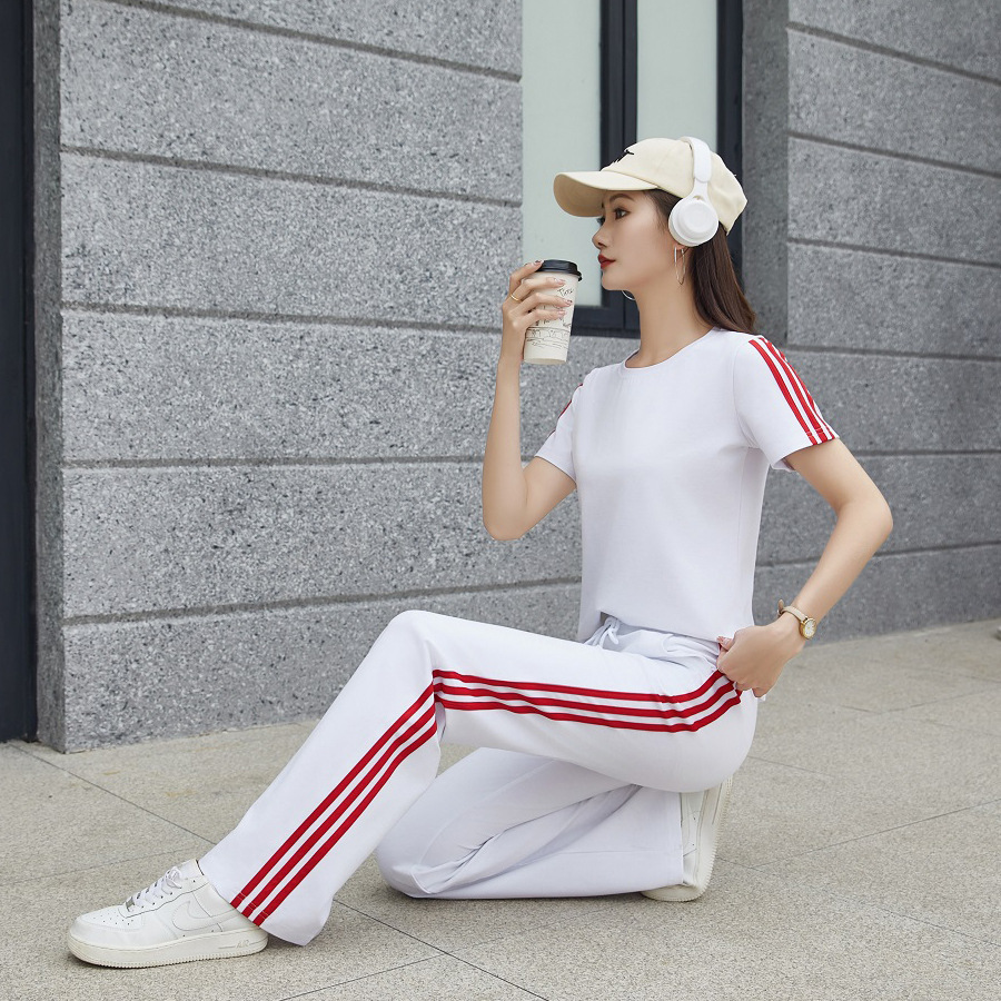 Spring and Summer High Waist Three Bar Sports Pants Women's Wide Leg Pants Slimming Fashion Dance Pants Micro-pattern Casual Women's Pants