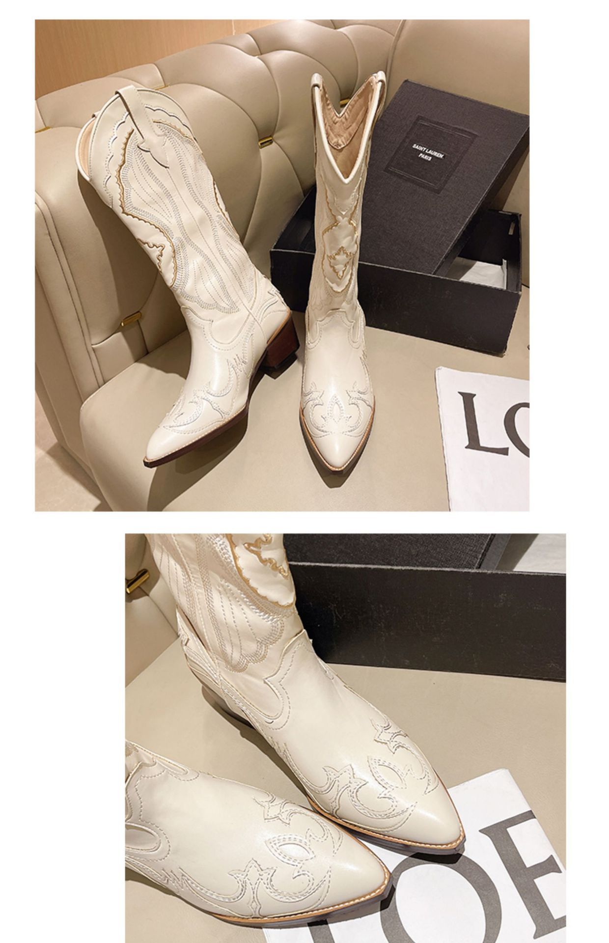 Women's Western Cowboy Boots Vintage Embroidery Pointed Toe Chunky Heel Mid-Calf Riding Boots Light Luxury Fashion Mid Tube Knight Boots_voghion.com