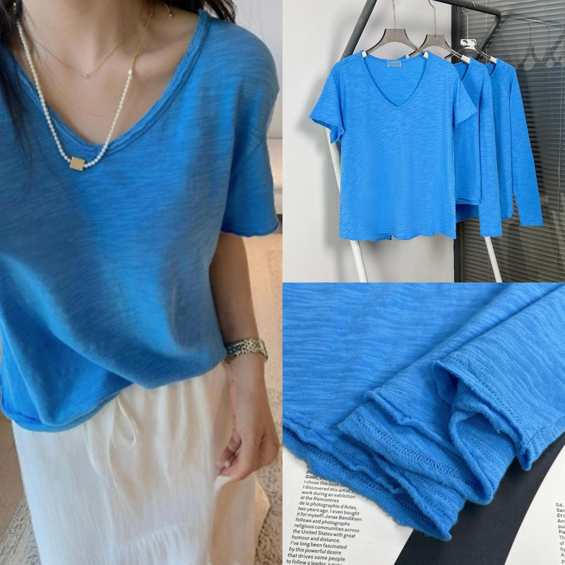 House25 Summer New Color-Enhancing Fleece-Lined V-Neck Versatile T-Shirt for Women with Frayed Design