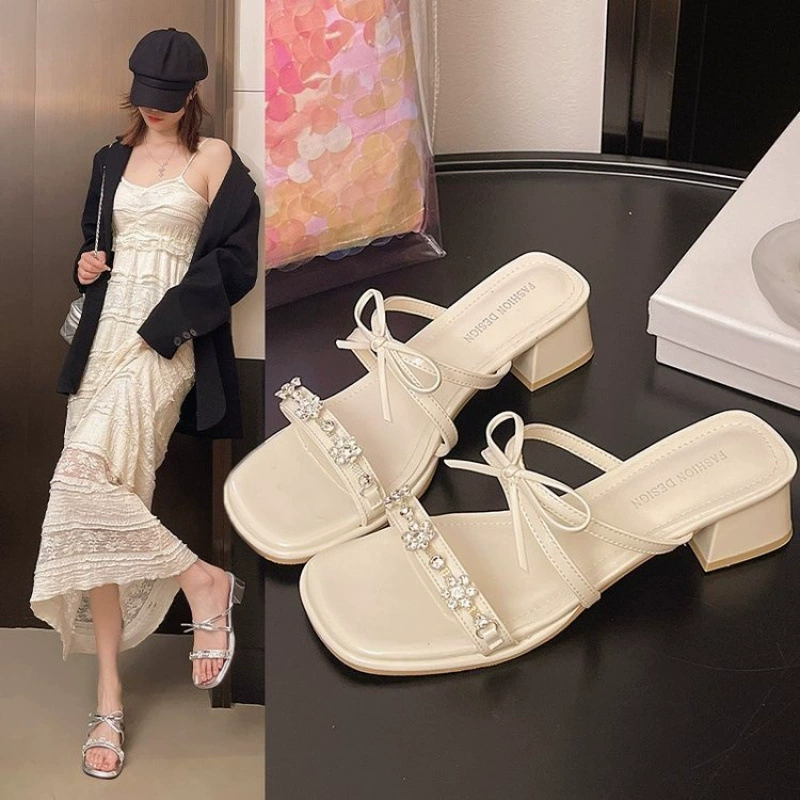Летняя модная верхняя одежда, французские босоножки с камнями оптом, сказочный стиль, красивые босоножки на среднем каблуке с бантом, фабрика