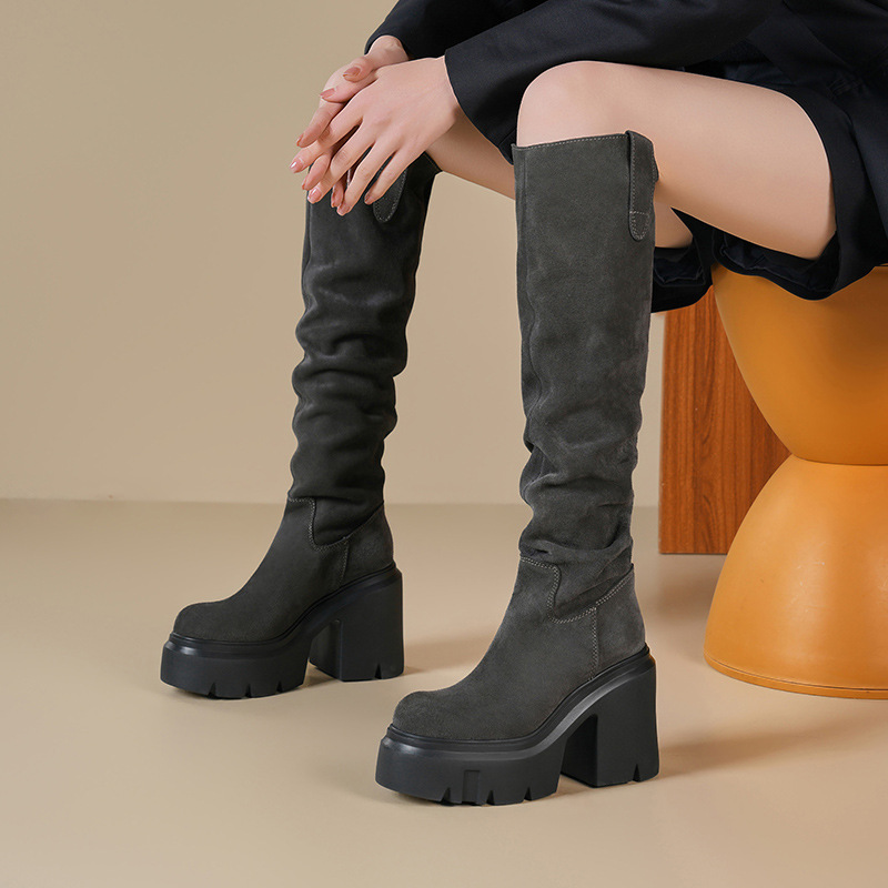 Boot nữ cổ cao ôm bắp chân chất liệu da lộn, gót 12 cm, phong cách kỵ sĩ — Lót nhung đen