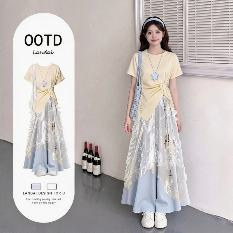 Junior high school student outfit, casual and sophisticated style, high-waisted, slimming wide-leg skirt and pants set, women's summer complete set.