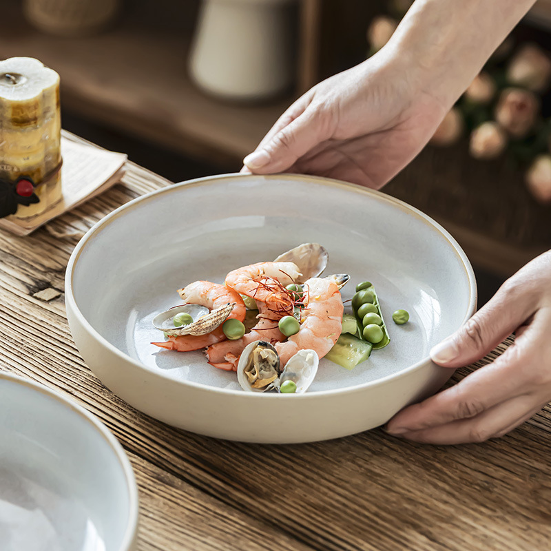 Plato de cerámica mate, platos de ensalada retro, platos redondos, platos de sopa, platos domésticos, platos al por mayor, platos de platos