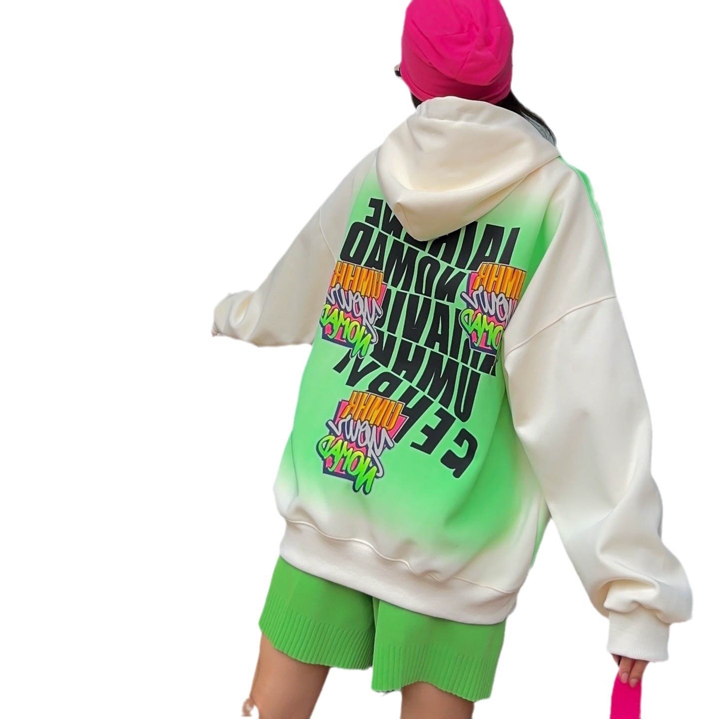 Damkläder Stor storlek nationell trendmärke retro graffiti heltryck huvtröja mellan och lång chic huvtröja_voghion.com